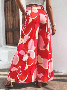 SHEIN VCAY Allover Print Wide Leg Trousers - Red - View 2