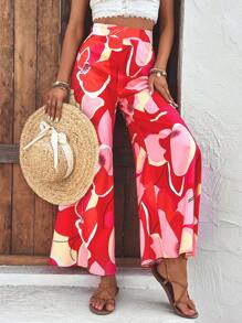 SHEIN VCAY Allover Print Wide Leg Trousers - Red - View 4