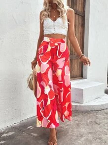 SHEIN VCAY Allover Print Wide Leg Trousers - Red - View 5