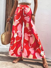 SHEIN VCAY Allover Print Wide Leg Trousers - Red - View 6