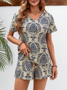 SHEIN LUNE Shorts con blusa con estampado - Caqui - Ver 1