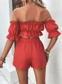 Breezaya Off Shoulder Ruffle Trim Crop Top & Shorts - Orange - View 2