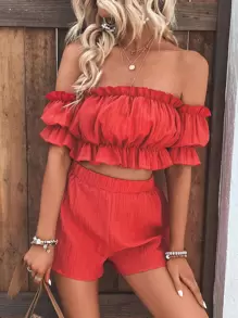Breezaya Off Shoulder Ruffle Trim Crop Top & Shorts - Orange - View 3