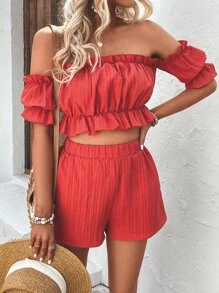 Breezaya Off Shoulder Ruffle Trim Crop Top & Shorts - Orange - View 4