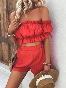 Breezaya Off Shoulder Ruffle Trim Crop Top & Shorts - Orange - View 6