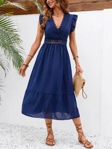 Breezaya 水溶蕾絲拼接荷葉邊連衣裙 - 藏蓝色 - 查看 6