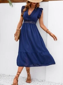 Breezaya 水溶蕾絲拼接荷葉邊連衣裙 - 藏蓝色 - 查看 4