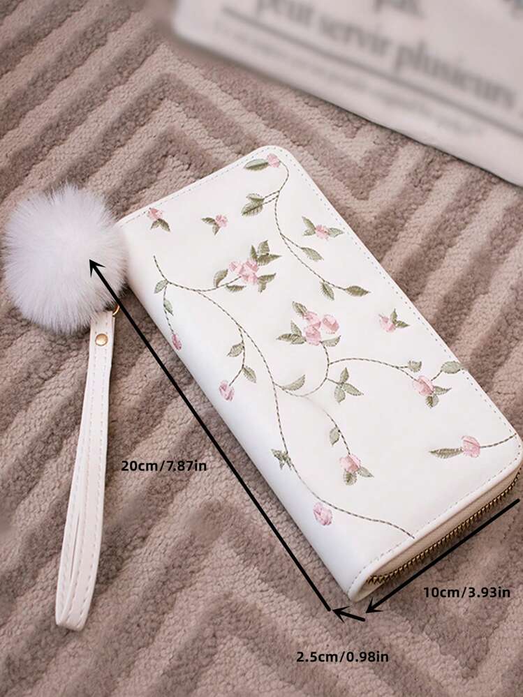 Women's Embroidered Multi-Slot Long Wallet With Charm Pendant - White - View 3