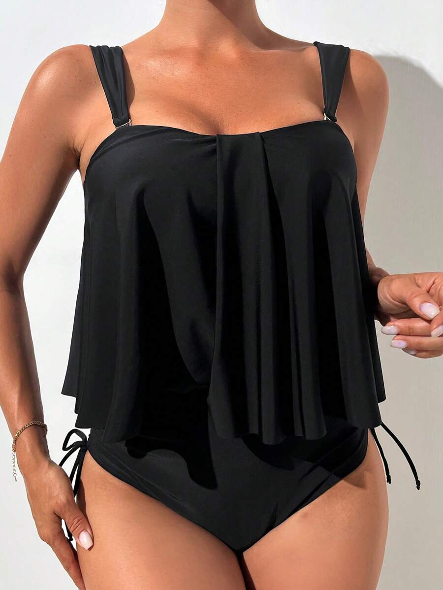 SHEIN Solid Drawstring Side Tankini Summer Beach - Black - View 1