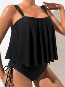 SHEIN Solid Drawstring Side Tankini Summer Beach - Black - View 4