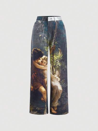 SHEIN MOD 人像圖案闊腿牛仔褲