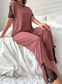Conjunto de pijama con detalles de lazo de encaje en contraste - Rosa - Ver 3