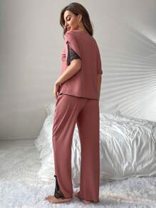 Conjunto de pijama con detalles de lazo de encaje en contraste - Rosa - Ver 2
