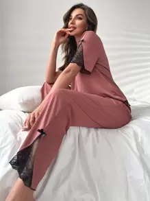 Conjunto de pijama con detalles de lazo de encaje en contraste - Rosa - Ver 1