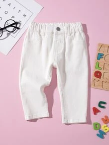 嬰兒斜插口袋直筒牛仔褲 - 米色 - 查看 1