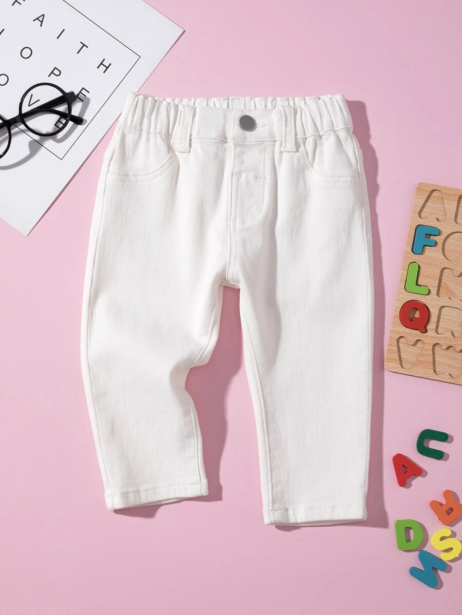 嬰兒斜插口袋直筒牛仔褲 - 米色 - 查看 1