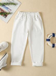 Souflis Souflis Young Boy Neutral Street Casual Elastic Waist Cargo Baggy Jeans With Flat Pockets Summer Holiday