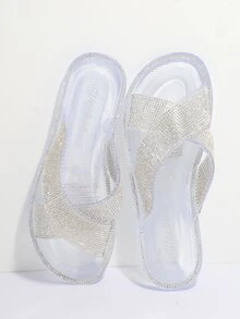 Giày trượt thời trang cho nữ, Dép quai ngang trang trí bằng đá rhinestone - Trong sáng - Xem 1