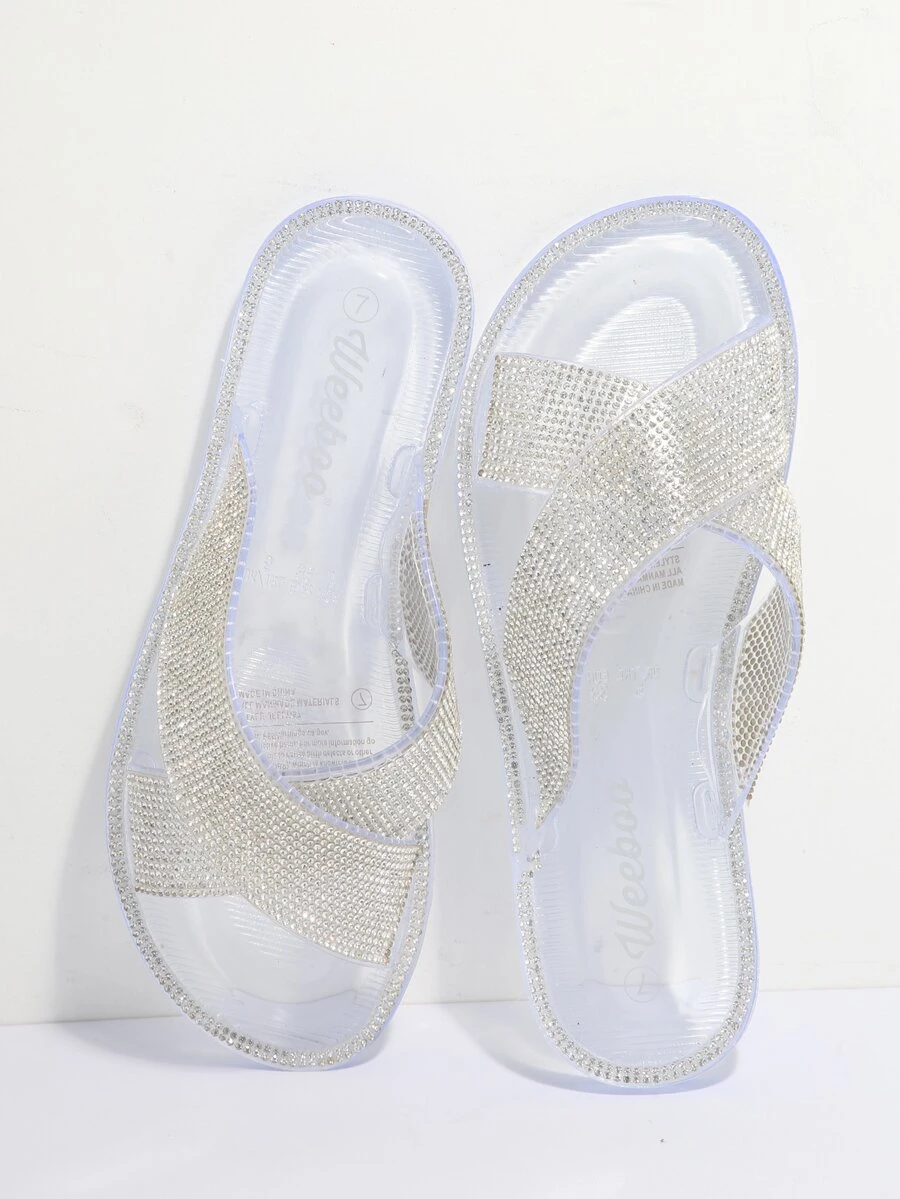 Giày trượt thời trang cho nữ, Dép quai ngang trang trí bằng đá rhinestone - Trong sáng - Xem 1