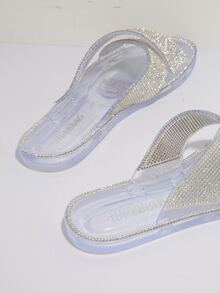 Giày trượt thời trang cho nữ, Dép quai ngang trang trí bằng đá rhinestone - Trong sáng - Xem 2