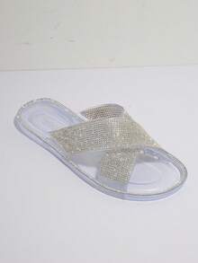 Giày trượt thời trang cho nữ, Dép quai ngang trang trí bằng đá rhinestone - Trong sáng - Xem 3