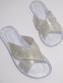 Giày trượt thời trang cho nữ, Dép quai ngang trang trí bằng đá rhinestone - Trong sáng - Xem 4