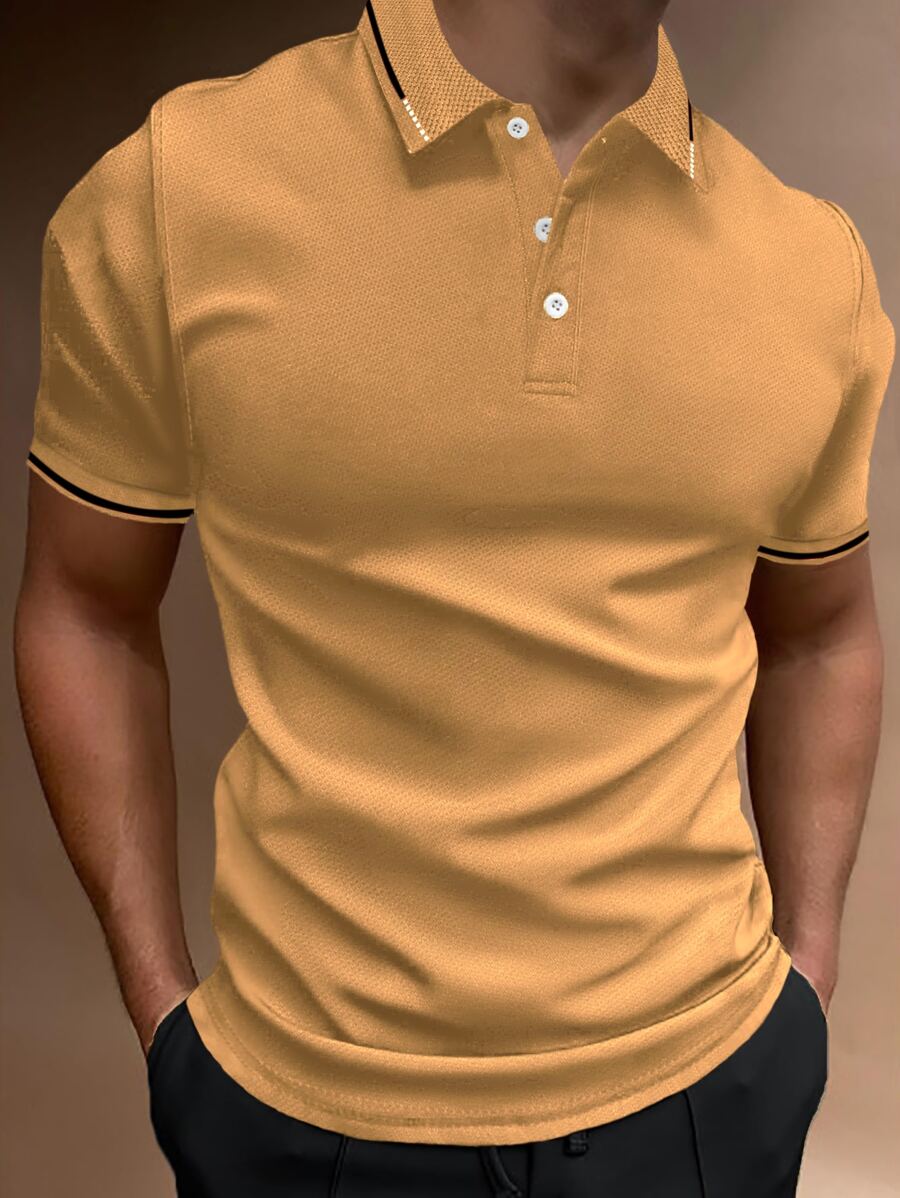 Manfinity Homme 男士條紋飾邊POLO衫 - 卡其色 - 查看 1