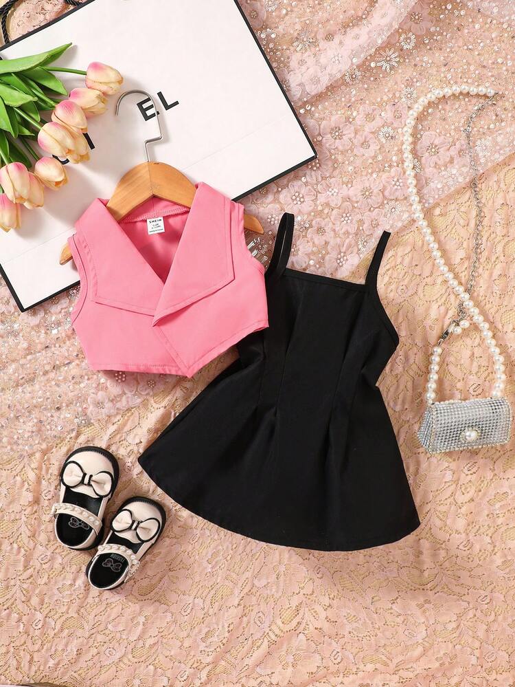 Baby Solid Cami Dress & Waterfall Collar Jacket