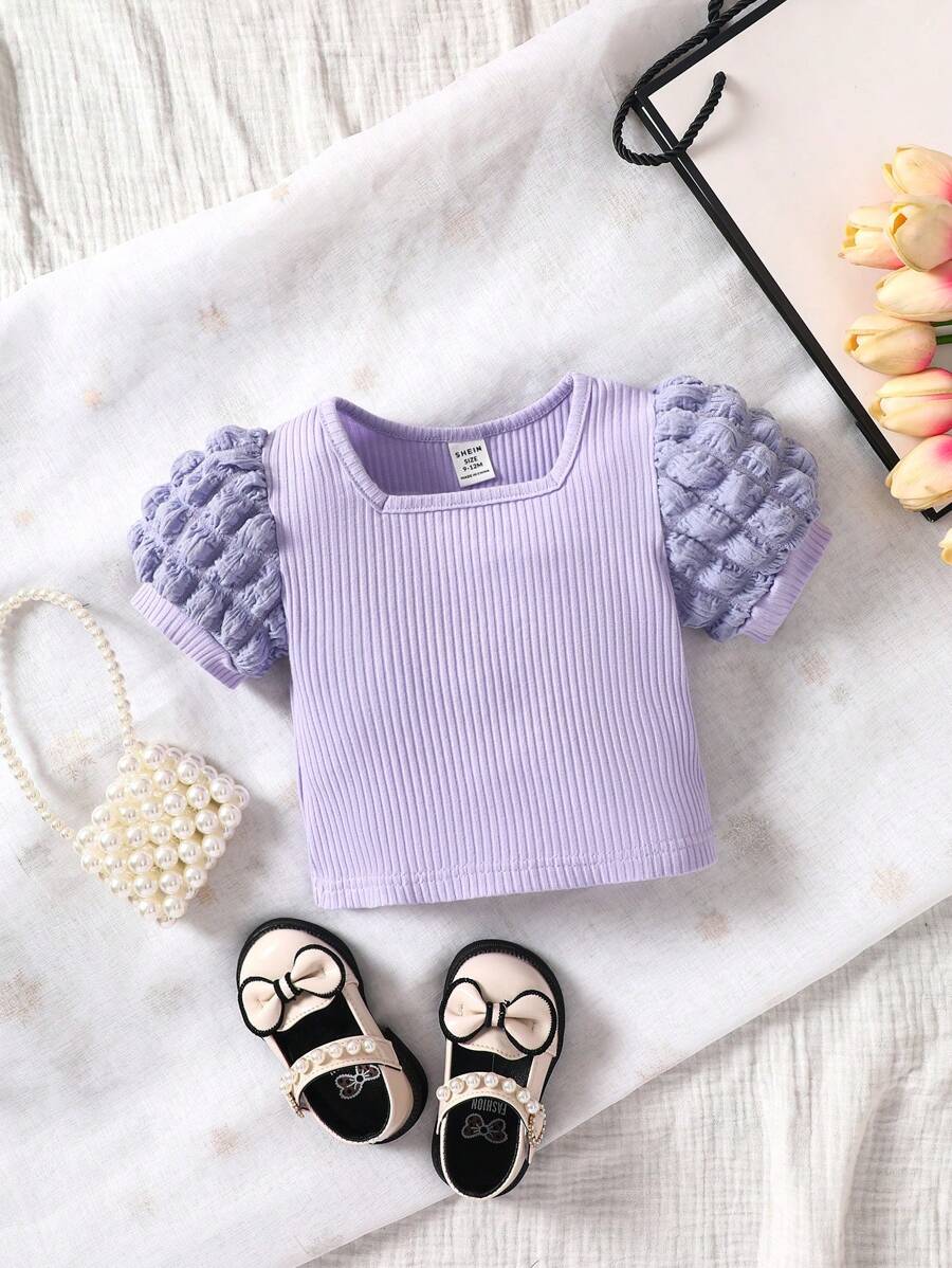Baby Ribbed Knit Puff Sleeve Square Neck Tee - Lilac Purple - View 1