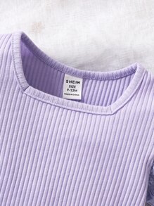 Baby Ribbed Knit Puff Sleeve Square Neck Tee - Lilac Purple - View 5