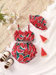 Baby Watermelon Print Cami Top & Shorts & Hat - Red - View 1