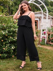 con encaje en contraste Top de tirantes & Pantalones de pierna ancha - Negro - Ver 3