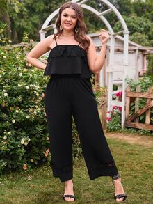 con encaje en contraste Top de tirantes & Pantalones de pierna ancha - Negro - Ver 4