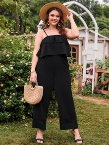 con encaje en contraste Top de tirantes & Pantalones de pierna ancha - Negro - Ver 5