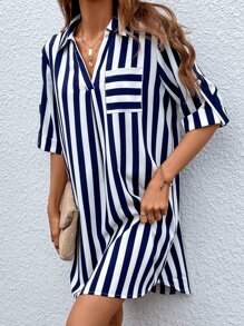 SHEIN LUNE Striped Print Pocket Patched Shirt Dress - Blue and White - View 3