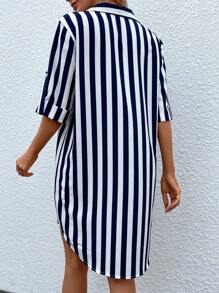 SHEIN LUNE Striped Print Pocket Patched Shirt Dress - Blue and White - View 2