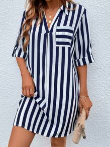 SHEIN LUNE Striped Print Pocket Patched Shirt Dress - Blue and White - View 5