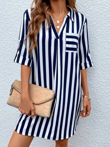 SHEIN LUNE Striped Print Pocket Patched Shirt Dress - Blue and White - View 6