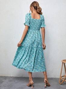 SHEIN VCAY 碎花泡泡袖高衩連衣裙 - 彩色 - 查看 2