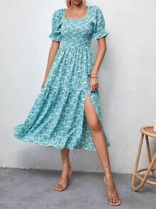 SHEIN VCAY 碎花泡泡袖高衩連衣裙 - 彩色 - 查看 3