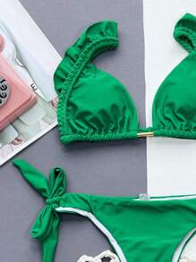 SHEIN Swim Summer Beach Ruffle Trim Triangle Tie Side Bikini Set - Green - View 3