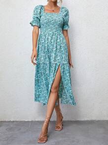 SHEIN VCAY 碎花泡泡袖高衩連衣裙 - 彩色 - 查看 4