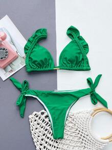 SHEIN Swim Summer Beach Ruffle Trim Triangle Tie Side Bikini Set - Green - View 4