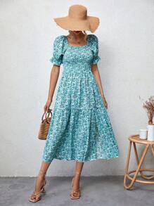 SHEIN VCAY 碎花泡泡袖高衩連衣裙 - 彩色 - 查看 5