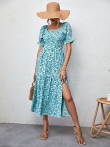 SHEIN VCAY 碎花泡泡袖高衩連衣裙 - 彩色 - 查看 6