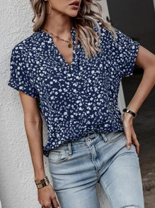 SHEIN LUNE 碎花蝙蝠袖襯衫 - 藏蓝色 - 查看 1