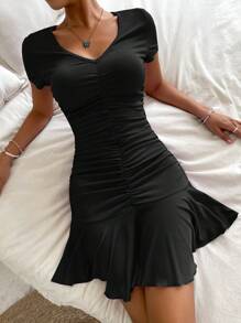 SHEIN Holidaya Ruched Ruffle Hem Bodycon Dress - Black - View 3