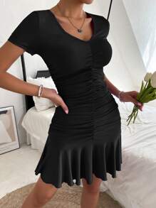 SHEIN Holidaya Ruched Ruffle Hem Bodycon Dress - Black - View 5