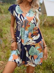 SHEIN VCAY 熱帶圖案蝙蝠袖連衣裙 - 彩色 - 查看 4