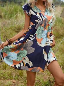 SHEIN VCAY 熱帶圖案蝙蝠袖連衣裙 - 彩色 - 查看 6